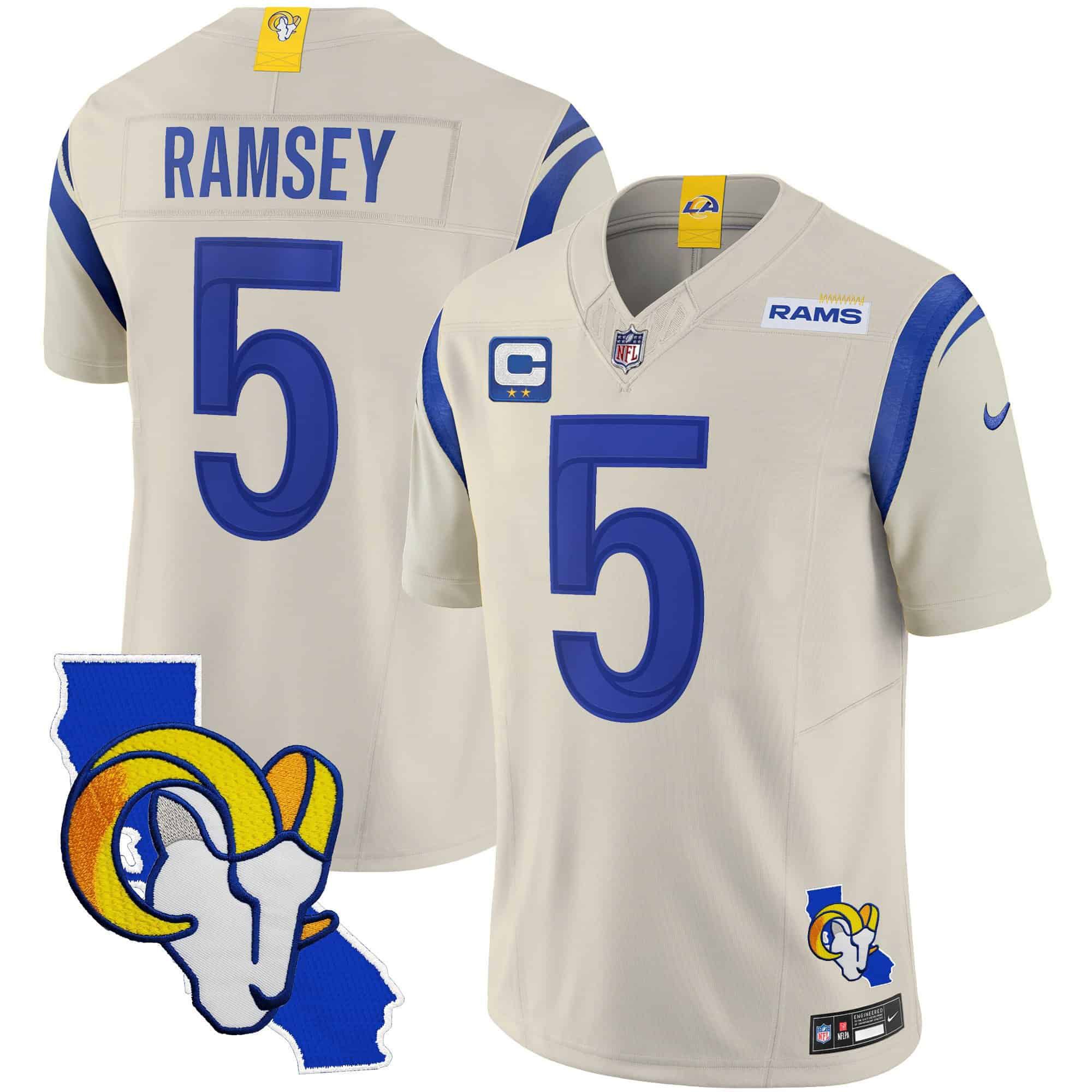 Men Los Angeles Rams 5 Ramsey Grey 2024 Nike California Patch Vapor Limited NFL Jersey
